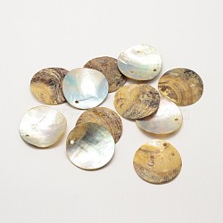 Flat Round Natural Akoya Shell Pendants, Mother of Pearl Shell Pendants, Tan, 25x1mm, Hole: 1mm; about 720pcs/bag(SHEL-N031-12)