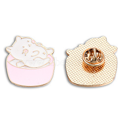 Bowl with Cat Enamel Pin, Light Gold Plated Alloy Cartoon Badge for Backpack Clothes, Nickel Free & Lead Free, Pink, 30x26mm(JEWB-N007-223)