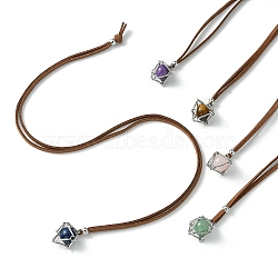 Brass Macrame Pouch Stone Holder Pendant Necklaces, Round Natural Rose Quartz & Amethyst & Green Aventurine & Lapis Lazuli Necklaces, Platinum, 17.72 inch(45cm)(NJEW-JN04653-01)