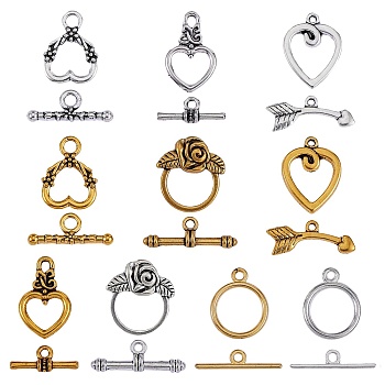 100Sets 10 Style Alloy Toggle Clasps, Bracelet Closures, Cadmium Free & Lead Free, Mixed Shapes, Golden & Silver, 10sets/style
