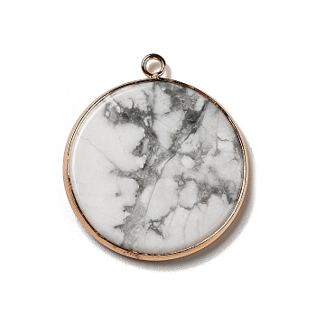 Natural Howlite Pendants, Flat Round Charms, with Golden Plated Brass Frame, 35x31x3~3.5mm, Hole: 2.5mm