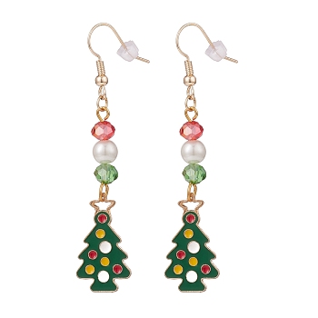 Enamel Christmas Tree with Glass Pearl Dangle Earrings, Gold Plated Brass Jewelry for Women, Colorful, 65mm, Pin: 0.8mm