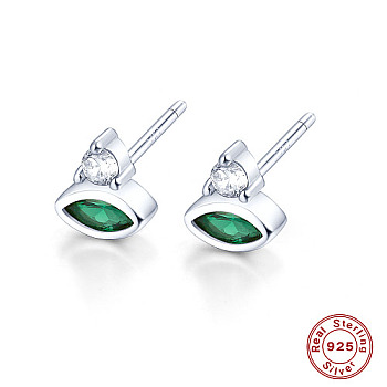 Cubic Zirconia Horse Eye Stud Earrings, Platinum Rhodium Plated 925 Sterling Silver Earrings, with 925 Stamp, Sea Green, 7x6.1mm