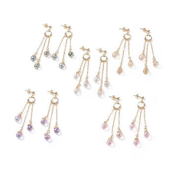 Bling Glass Teardrop Dangle Stud Earrings, Golden 304 Stainless Steel Chain Tassel Long Drop Earrings for Women, Mixed Color, 75mm, Pin: 0.8mm