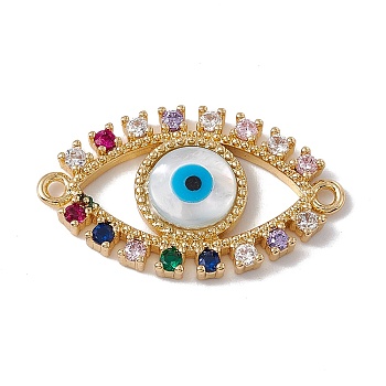 Rack Plating Brass Micro Pave Colorful Cubic Zirconia Connector Charms, Evil Eye Link, with Shell Cabochon, Cadmium Free & Nickel Free & Lead Free, Eye, Real 18K Gold Plated, 16.5x27.5x4mm, Hole: 1.5mm