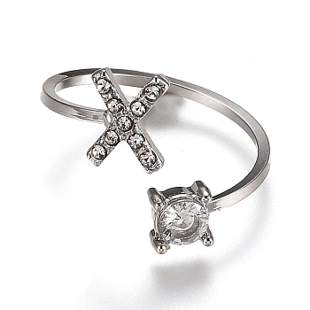 Alloy Cuff Rings, Open Rings, with Crystal Rhinestone, Platinum, Letter.X, US Size 7 1/4(17.5mm)