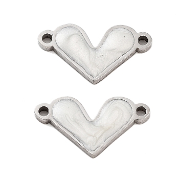 304 Stainless Steel White Enamel Connector Charms, Love Heart Links, Stainless Steel Color, 8.5x15.5x1.5mm, Hole: 1.2mm