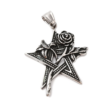 304 Stainless Steel Big Pendants, Star with Rose Charm, Antique Silver, 55mm, Hole: 8x5mm