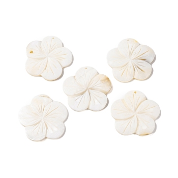 Natural Freshwater Shell Carved Pendants, 5-Petal Flower Charms, Seashell Color, 39x40x4mm, Hole: 1.5mm