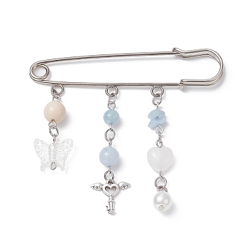 Natural Mixed Gemstone & Butterfly Charms Safety Pin Brooch, Alloy Lapel Pin for Sweater Clasp Pants Waist Extender, Platinum, 67x76x5mm