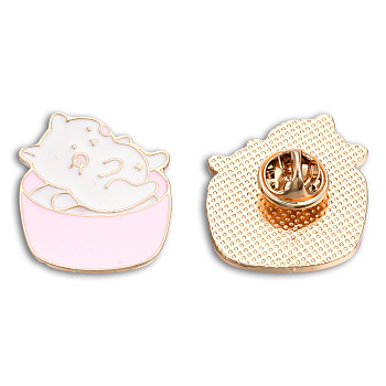 Bowl with Cat Enamel Pin, Light Gold Plated Alloy Cartoon Badge for Backpack Clothes, Nickel Free & Lead Free, Pink, 30x26mm