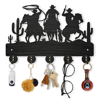 Wood & Iron Wall Mounted Hook Hangers, Decorative Organizer Rack, with 2Pcs Screws, 5 Hooks for Bag Clothes Key Scarf Hanging Holder, Horse, 200x300x7mm.