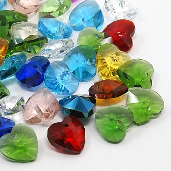 Romantic Valentines Ideas Glass Charms, Faceted Heart Charms, Mixed Color, 10x10x5mm, Hole: 1mm