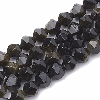 Natural Golden Sheen Obsidian Beads Strands, Star Cut Round Beads, Faceted, 10x9~10mm, Hole: 1mm, about 36~38pcs/strand, 14.2~14.6 inch