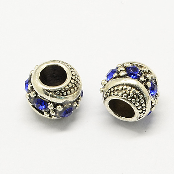 Alloy Rhinestone European Beads, Rondelle Large Hole Beads, Antique Silver, Sapphire, 11x10mm, Hole: 5mm
