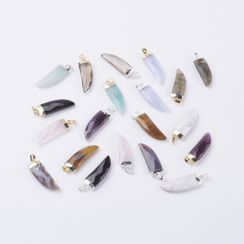 Natural Gemstone Pendants, with Brass Findings, Dagger, Faceted, Mixed Color, 34~35x10~11x4.5~5.5mm, Hole: 4x6mm