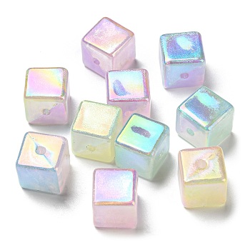 UV Plating Rainbow Iridescent Opaque Acrylic Beads, Glitter Beads, Two Tone, Cube, Mixed Color, 14x14x14mm, Hole: 2.5mm