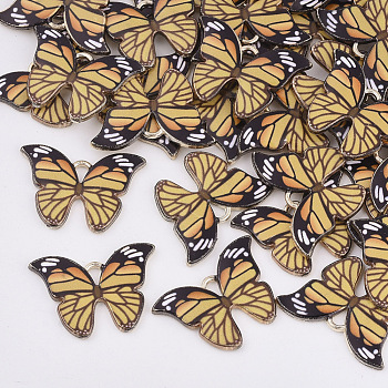 Printed Alloy Pendants, with Enamel, Butterfly, Light Gold, Goldenrod, 15.5x22x2mm, Hole: 1.8mm