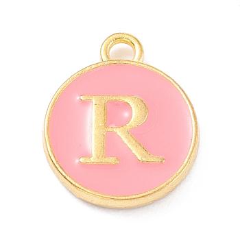 Golden Plated Alloy Enamel Charms, Enamelled Sequins, Flat Round with Alphabet, Letter.R, Pink, 14x12x2mm, Hole: 1.5mm