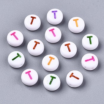 Opaque White Acrylic Beads, Flat Round with Mixed Color Letter, Letter.T, 7x3.5mm, Hole: 1.2mm, about 4000pcs/500g