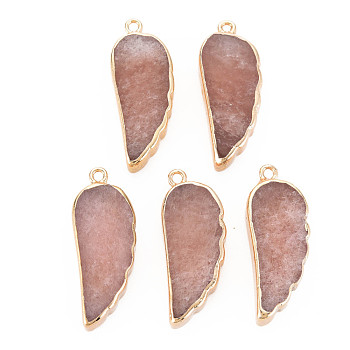 Natural Agate Pendants, with Light Gold Plated Iron Findings, Wing, Dyed & Heated, Rosy Brown, 33~33.5x12~13x5~6mm, Hole: 1.8mm