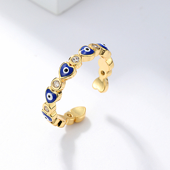 Brass Micro Pave Cubic Zirconia Cuff Rings, with Enamel, Heart with Evil Eye, Blue, Inner Diameter: 16~18mm
