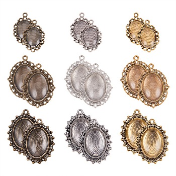 Tibetan Style Alloy Pendant Cabochon Settings, Oval Clear Glass Cabochon, Mixed Color, Tray: 25x18mm, 45pcs/set, Glass Cabochon: 45pcs/set