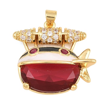 Brass Micro Pave Cubic Zirconia Pendants, with Enamel & Glass, Airship Shape Charms, Cadmium Free & Lead Free, Rack Plating, Long-Lasting Plated, Golden, Red, 24.5x26.5x10.5mm, Hole: 3.5x4mm
