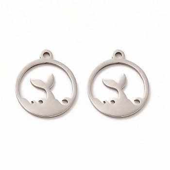 201 Stainless Steel Pendants, Flat Round with Mermaid Tail Shape Charms, Stainless Steel Color, 16x13.5x1mm, Hole: 1mm