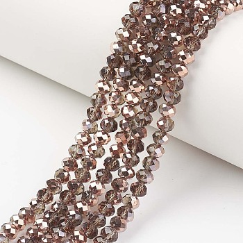 Electroplate Transparent Glass Beads Strands, Half Copper Plated, Faceted, Rondelle, Saddle Brown, 3x2mm, Hole: 0.8mm, about 150~155pcs/strand, 15~16 inch(38~40cm)