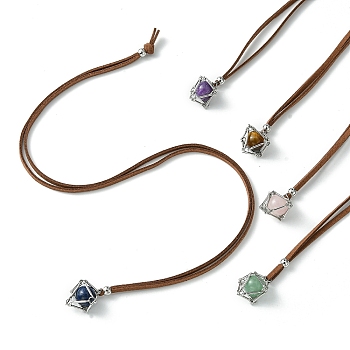 Brass Macrame Pouch Stone Holder Pendant Necklaces, Round Natural Rose Quartz & Amethyst & Green Aventurine & Lapis Lazuli Necklaces, Platinum, 17.72 inch(45cm)