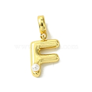 Rack Plating Brass with ABS Plastic Pearl European Dangle Charms, Large Hole Pendants, Long-Lasting Plated, Lead Free & Cadmium Free, Real 18K Gold Plated, Letter F, 23mm long, hole: 5mm, pendant: 15x10.5x5mm(KK-G501-02F-G)