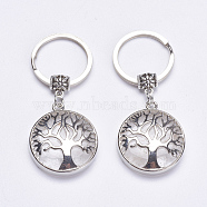 Natural Quartz Crystal Keychain, with Brass Finding, Flat Round with Tree of Life, 64mm(KEYC-G043-C07)
