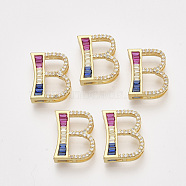 Brass Cubic Zirconia Slide Charms, Real 14K Gold Plated, Colorful, Letter, Letter.B, 18x14.5x5mm, Hole: 1.5x4mm and 1.5x6mm(ZIRC-S063-01B-G)