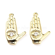Brass Micro Pave Clear Cubic Zirconia Pendants, Palm with Eye Charms, Real 18K Gold Plated, 21x13x3mm, Hole: 1mm(ZIRC-L077-042G)