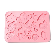 Food Grade Silicone Molds, Fondant Molds, Baking Molds, Chocolate, Candy, Biscuits, UV Resin & Epoxy Resin Jewelry Making, Dolphin & shell & Starfish & Tortoise & Sea Horse & Conch & Fish, Random Single Color or Random Mixed Color, 230x165x6.5mm, Inner Diameter: 36~76x27~58mm(DIY-I078-30)