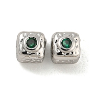 Brass Micro Pave Cubic Zirconia Beads, Platinum, Cube, Green, 4x4x4.5mm, Hole: 1.4mm(KK-G490-18P-01)