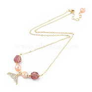 Natural Strawberry Quartz & Pearl Beaded Whale Tail Pendant Necklace with Brass Cable Chains for Women, Real 14K Gold Plated, 16.81 inch(42.7cm)(NJEW-T015-02G)