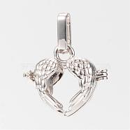 Rack Plating Brass Cage Pendants, For Chime Ball Pendant Necklaces Making, Heart with Wing, Hollow, Platinum, 18x20.5x12mm, Hole: 3.5x8.5mm, inner measure: 10.5x13.5mm(KK-S309-10P)