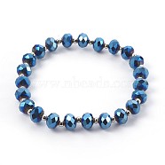 Electroplate Glass Stretch Bracelets, with Brass Spacer Beads, Round, Blue Plated, 2-1/8 inch(5.3cm)(BJEW-JB04017-04)