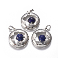 Natural Lapis Lazuli Pendants, with Platinum Tone Brass Findings, Flat Round with Star, Dyed, 31.5x28x10.5mm, Hole: 4.5x7.5mm(G-L512-S04)