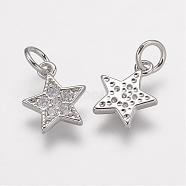 Brass Micro Pave Grade AAA Cubic Zirconia Charms, Lead Free & Nickel Free & Cadmium Free, Star, Real Platinum Plated, 9x7.5x1.5mm, Hole: 2mm(ZIRC-K059-13P-NR)