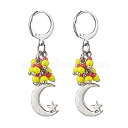 Tibetan Style Alloy Dangle Leverback Earrings, Glass Seed Cluster Earrings, Moon, 41mm(EJEW-MZ00119-02)
