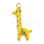 Giraffe Rack Plating Brass Enamel Pendants, with Jump Ring, Long-Lasting Plated, Cadmium Free & Lead Free, Real 18K Gold Plated, Yellow, 23x14x4.5mm, Hole: 3.8mm(KK-Q804-15G)