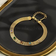 304 Stainless Steel Mesh Chain Bracelets for Women, with Cubic Zirconia, Real 18K Gold Plated, 7-1/8 inch(18cm)(BJEW-P348-01E-G)