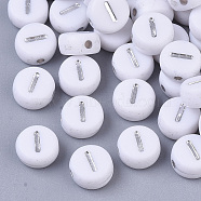 Plating Acrylic Beads, Silver Metal Enlaced, Horizontal Hole, Flat Round with Letter, White, Letter.I, 7x4mm, Hole: 1.2mm(X-PACR-R243-04I)