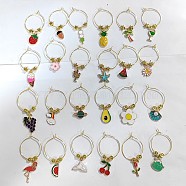 24Pcs 24 Style Summer Theme Alloy Enamel Wine Glass Charms, Goblet Marker, with Brass Wine Glass Charm Rings, Fruit & Drink & Tree, Golden, 42~65mm, 1pc/style(AJEW-BC0003-90)
