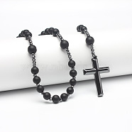 Frosted Synthetic Non-magnetic Hematite Round Beads Long Chain Cross Pendant Necklaces for Men(PM3640-3)