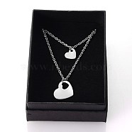 Two Tier Stainless Steel Necklaces, with Heart Pendants and Cable Chains, Stainless Steel Color, 15.9 inch(40.5cm), 1strand/box(NJEW-JN01246)