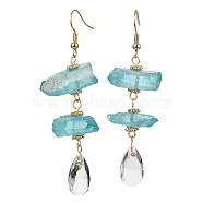 Dyed Natural Quartz Crystal Nugget & Teardrop Dangel Earrings, Real 18K Gold Plated Brass Long Drop Earrings, Light Blue, 66~70x20~25mm(EJEW-TA00314-01)